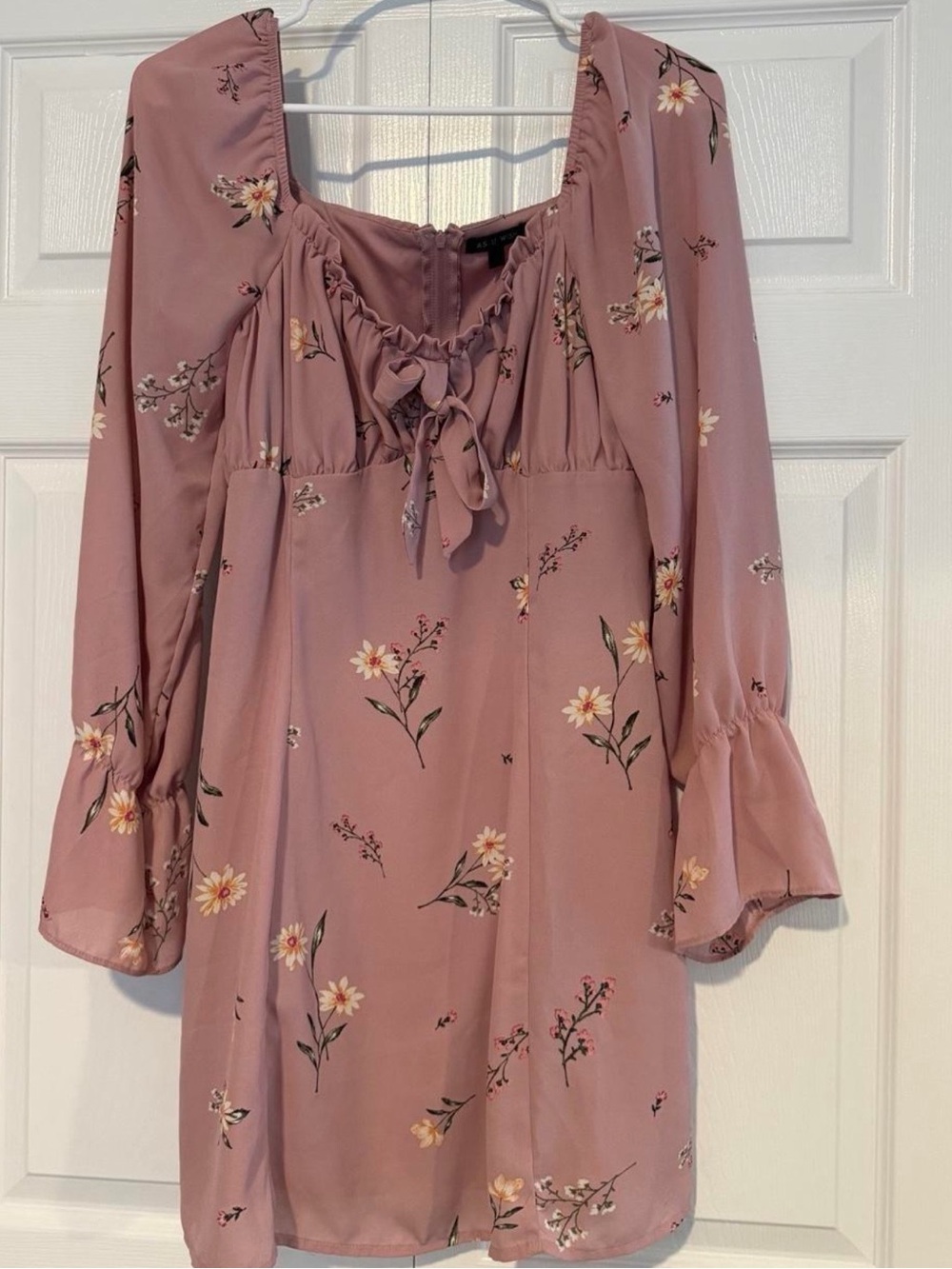 As U Wish Mauve Floral Long Sleeve Tie-Neck Dress